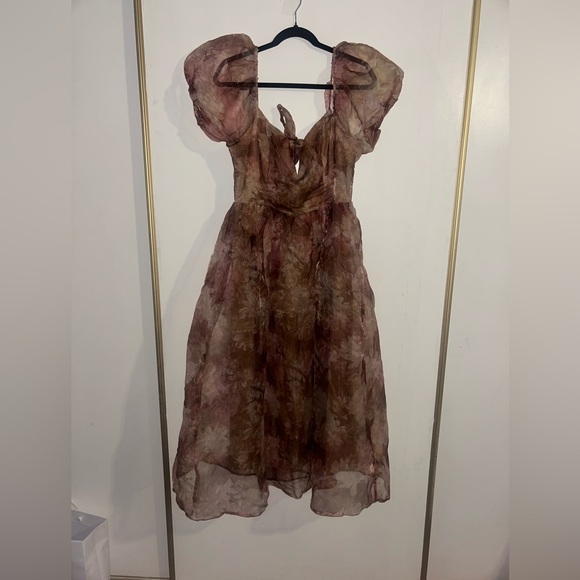 Lulu's Brown Floral Puff Sleeve Midi Dress - Picture 1 of 9